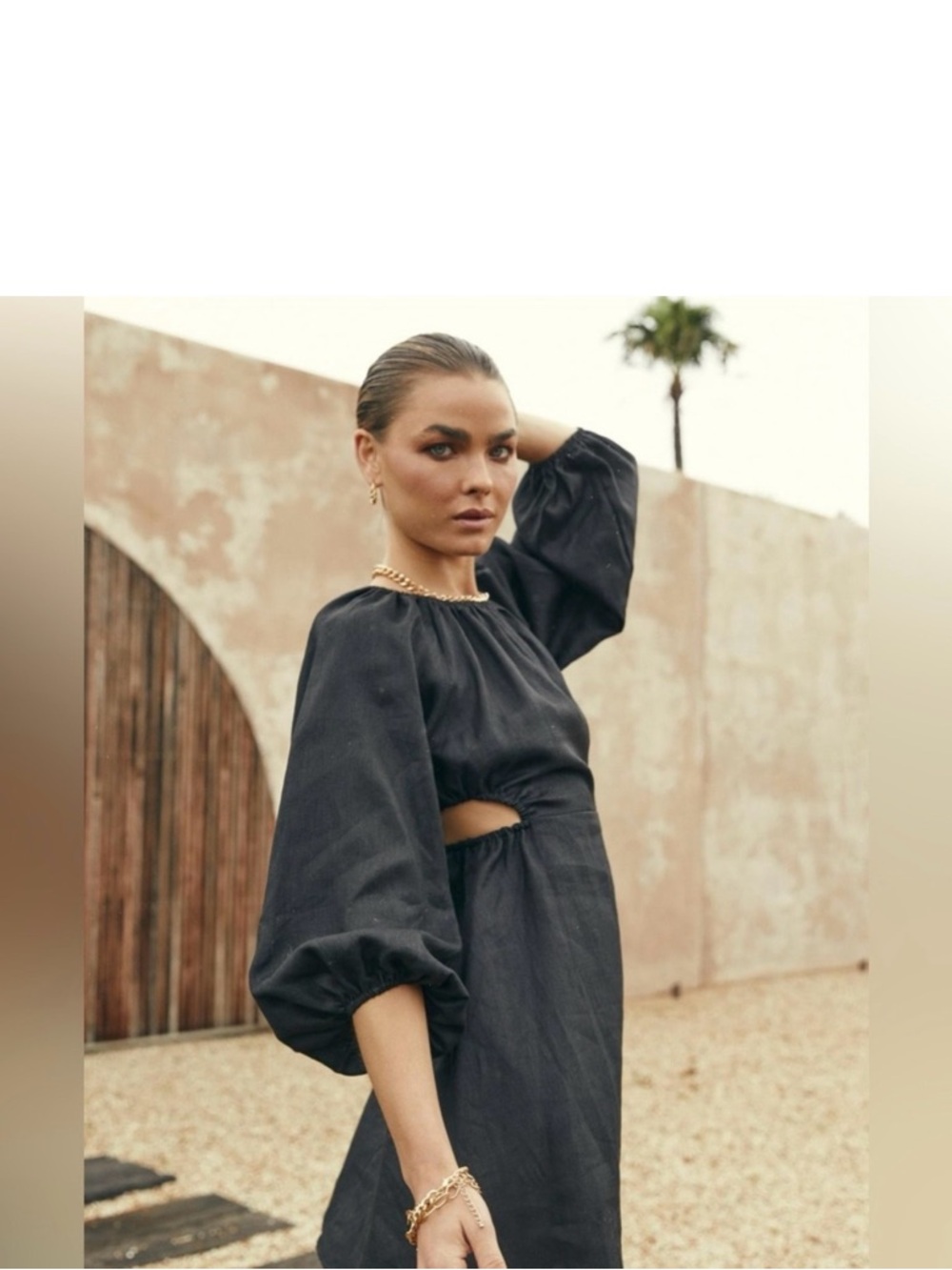 DISSH Black Linen Cutout Puff Sleeve Mini Dress